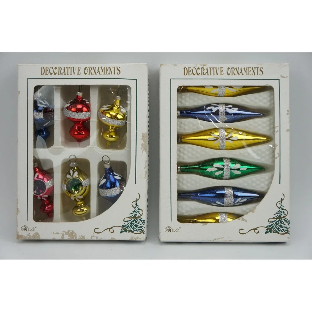 Vintage Rauch Christmas Ornaments Glass Teardrop Spindle Glitter 12pc Set VGC